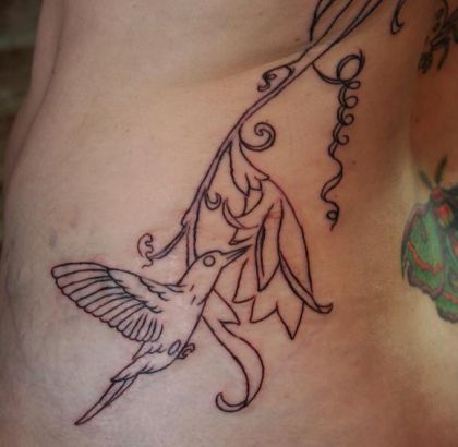Hummingbird And Flower Pics Tattoo On Rib